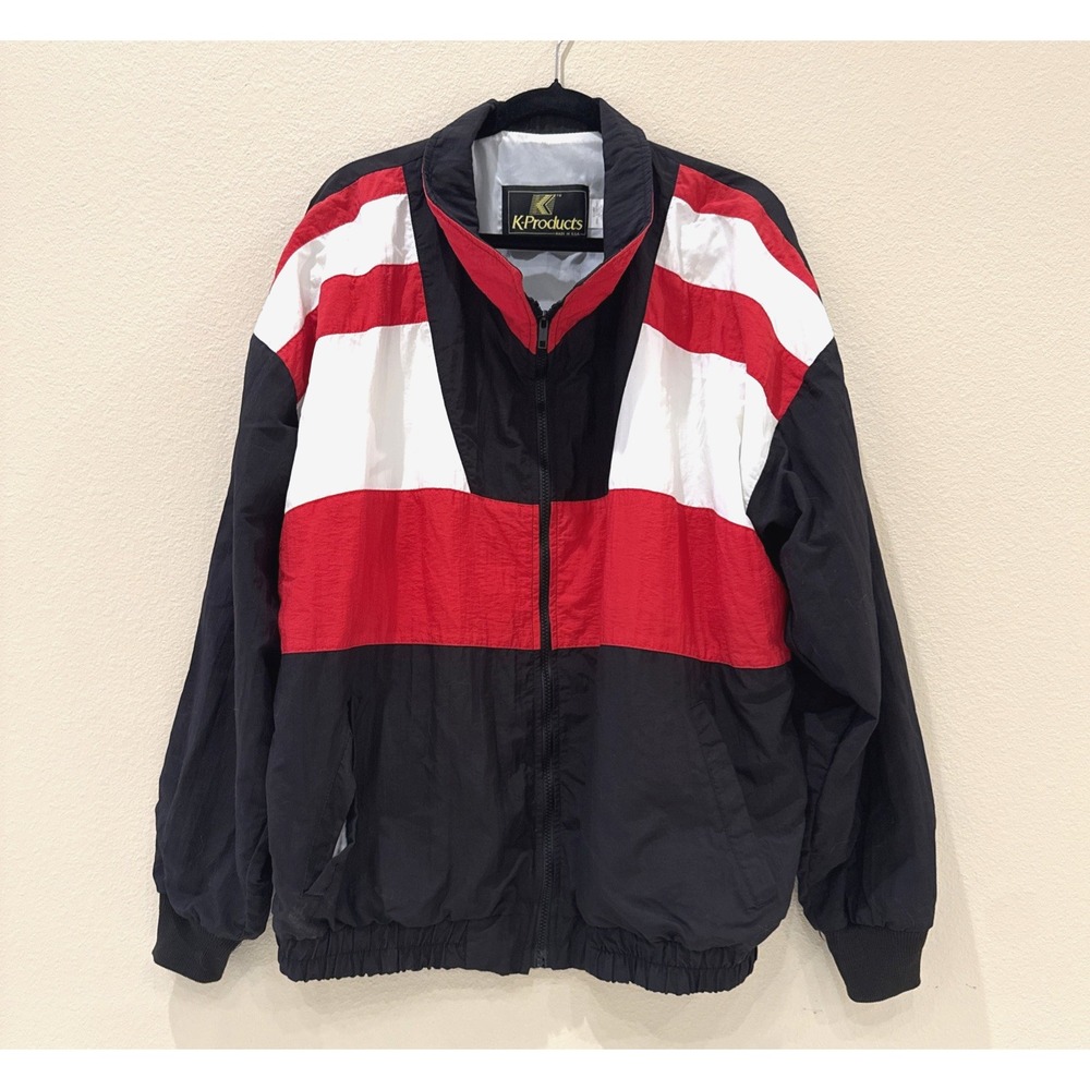 Vintage 80s/90s Black Red White Color Block Windbreaker Jacket Mens XL Full Zip
